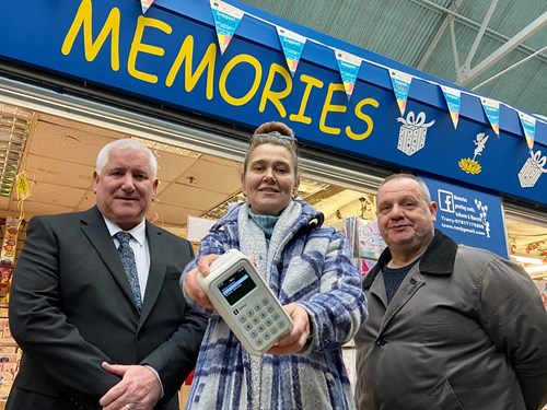 Steven Bridgwater, market supervisor, Tracy Lowe owner of Memories card shop and Councillor Patrick Harley, leader of Dudley Council.